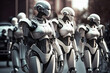 © ADDICTIVE STOCK - Generative AI of group of female robots walking on street in futuristic city against blurred background