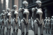 © ADDICTIVE STOCK - Generative AI illustration of female cyborgs standing together in row and looking away in modern futuristic city against blurred buildings