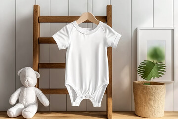 white baby short sleeve bodysuit mockup in minimal interior. blank gender neutral newborn bodysuit m