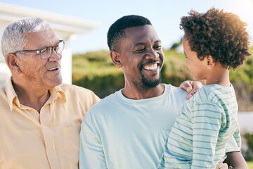 Poster - Love, grandfather and dad with son, happiness and cheerful with quality time, joyful and smile. Family, old man and male parent with boy, loving or bonding together, outdoor or fun with care or laugh