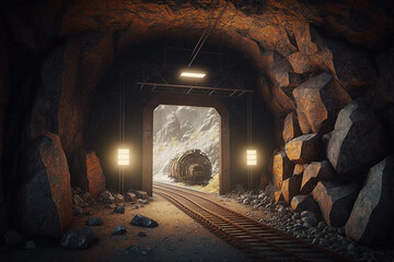 Poster - A train track coming out of a dark tunnel, Generative AI