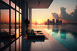 A balcony with a swimming pool and sunset view, Generative AI
