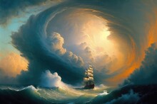 Sail Boat In Stormy Ocean Waves Under Epic Storm Clouds At Sunset. Generative Ai Old Painting Illustration. 