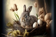 Brown Easter Bunny in the nest with Easter eggs and herbs, Easter, Generative AI