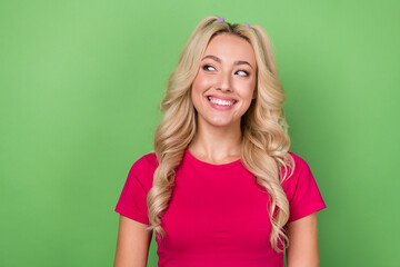 Poster - Photo of dreamy charming woman wear pink top looking empty space isolated green color background