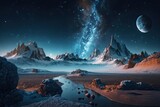 Fototapeta Natura - Space digital artwork. Surreal fantasy cosmos. Nebula with planets and stars.Generative AI
