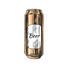 Hand-drawn Sketch Of Beer Can Isolated On White Background. Vector Vintage Engraved Illustration..