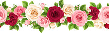 Floral Seamless Garland With Red, Pink, And White Rose Flowers And Green Leaves. Vector Horizontal Seamless Border