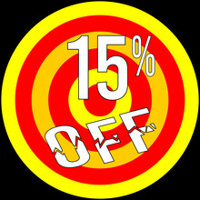 15% Discount Off, Target In Red And Yellow On A Black Background.
