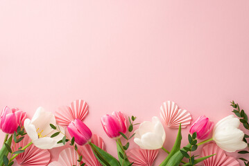 Wall Mural - Mother's Day celebration concept. Top view photo of origami paper hearts pink and white tulips on isolated light pink background with copyspace