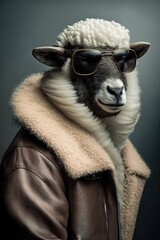Portrait of a Cool Sheep in a Leather Jacket and Sunglasses with Space for Copy (Generative AI)