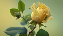  A Single Yellow Rose With Green Leaves On A Green And Yellow Background With A Soft Focus On The Rose's Stem And The Petals.  Generative Ai