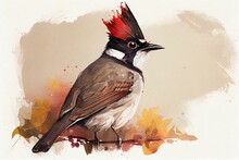 Red-whiskered Bulbul, Watercolor Style. Generative AI