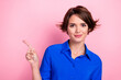 Photo of pretty lovely lady direct finger empty space useful tips isolated on pink color background