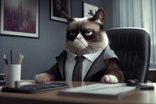 Illustration Of Grumpy Cat At The Office. Animal Wearing Business Attire. Image Created With Generative AI Technology