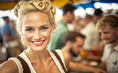 Wall Mural - young woman wears a dirndl and smiles, in a beer tent with other festival tent visitors at a folk festival or Oktoberfest, fictional location. Generative AI