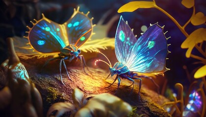  two blue butterflies sitting on top of a leaf covered ground next to a plant with yellow leaves and yellow flowers on it's sides.  generative ai