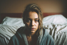 Young Woman In Bed By Day , Sad Disappointed Or Dramatic Happening. Generative AI