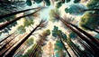 The tops of the pines stretch to the sky, view from below. Painting of a pine forest. Generative AI illustration.