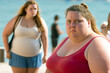 © wetzkaz - bad mood of overweight young adult woman in beach bikini and other tourists in background, fictional people and place. Generative AI