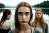 Fototapeta Młodzieżowe - young girl, teenager or child on a large natural lake with friends or a group, depressed or serious mood, fictional place and people. Generative AI