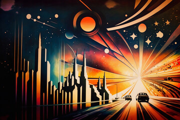 futuristic colorful paint of a city skyline in an urban environment with cars 3