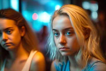 a young woman feels uncomfortable, fictional place and things like a party at night, tired or sad or drunk or introverted, young women or teenagers  in a bar or side street. Generative AI