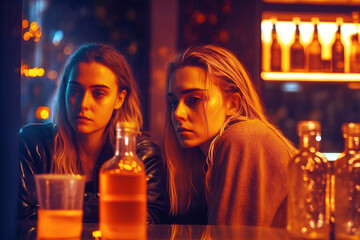 drunk young women with alcohol in a bar or nightclub wearing leather jackets, tired and drunk appearance. Generative AI