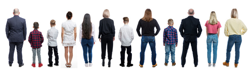 People of different ages in casual clothes are standing. Full height. Sid at the back. Set, collage. Isolated on white background. Panorama format.