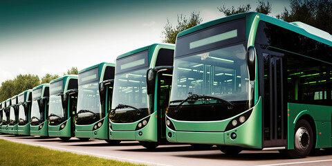 Green electric buses in a row. Generative AI