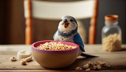 a cute furry bird eating food from a bowl Generative AI