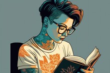 Short-haired Tattooed Woman Reading A Book. Created With Generative Ai Technology