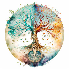 Watercolor style tree of life, mythological sacred tree, spiritual life concept. Generative AI