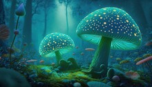  A Painting Of Two Mushrooms In A Forest With Moss And Mushrooms On The Ground, With Bright Yellow Dots On The Tops Of The Mushrooms.  Generative Ai