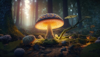  a mushroom in the middle of a forest with moss growing on the ground and a light shining on the mushroom on the ground in the middle of the forest.  generative ai