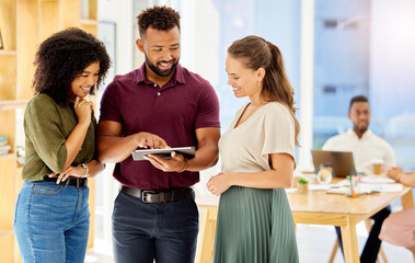 Poster - Team, business people and designer with tablet working with teamwork, collaboration and planning SEO analytics report. Ceo, leader and worker talking after a meeting in a corporate startup office