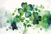 St Patrick Day Background, Green Clover Leaf, Shamrock, Watercolor, Plants Made With Generative AI
