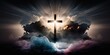 ? of Jesus The sky was aglow, the shining beams of light piercing through the billowing clouds and the figure of the holy cross signifying Jesus' pain; AI generation.