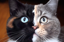 Cat With Slit Colored Face. Cat With Unique Two Tone Face. Cat With Black And Grey Color. Generative AI.