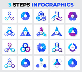 Set of cycle diagrams with 3 options, steps or processes. Circles, triangles and other abstract elements for infographic