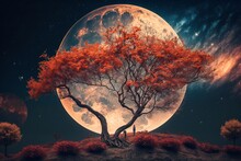 Beautiful Autumn Fantasy - Maple Tree In Fall Season And Full Moon With Milky Way Star In Night Skies Background. Retro Style Artwork With Vintage Color Tone Generative AI