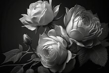 White Roses On A Dark Background. Condolence Card. Empty Place For Emotional, Sentimental Text Or Quote. Black And White Image Generative AI