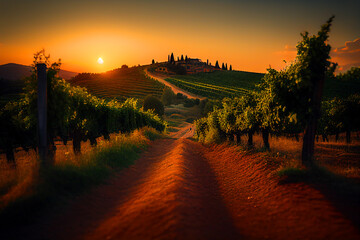 Wall Mural - Vineyard village on sunset. Spain hills vineyard, olive trees in autumn season. Vineyard with ripe grapes in a mediterranean country. Farm field in rural. Vineyard with grape rows. Grape valley