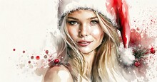 Christmas Woman. Beautiful Fashion Model In Santa Hat. Watercolor Illustration. Generative AI