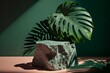 Background with stone podium display. Nature rock pedestal with tropical palm leaf and shadow on green background. Cosmetic, beauty product promotion stand with plant. Generative AI.