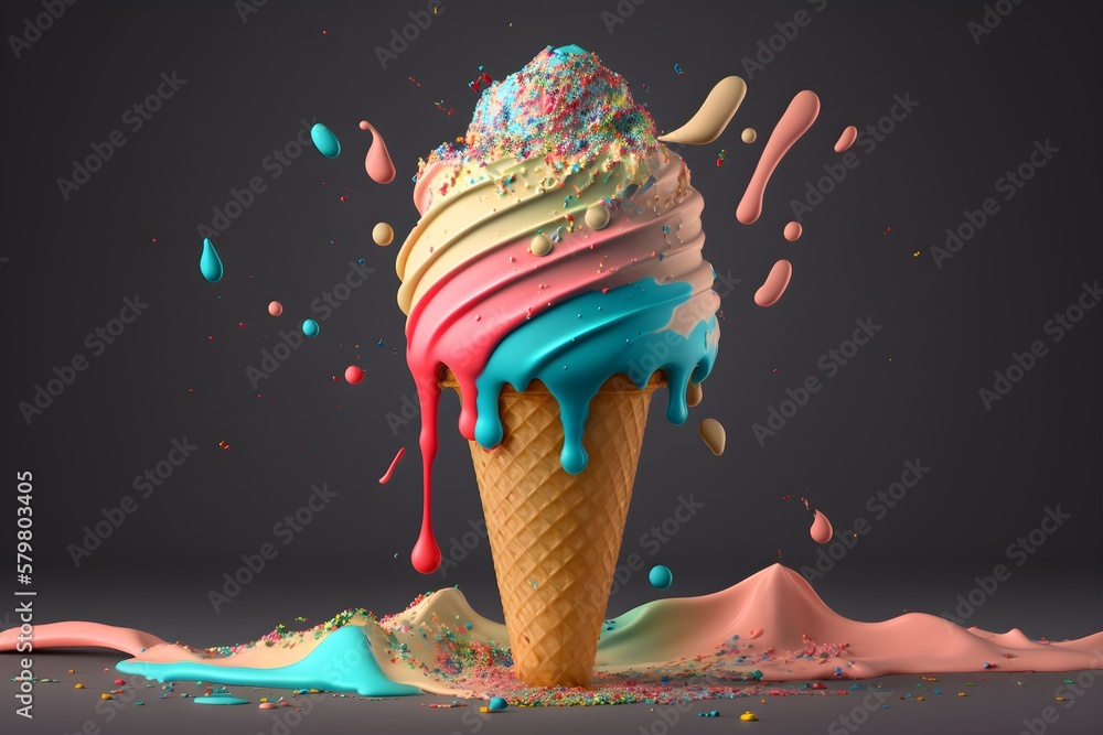 Colorful Splashes Of Ice Cream Melting Ice Cream Cone Created With