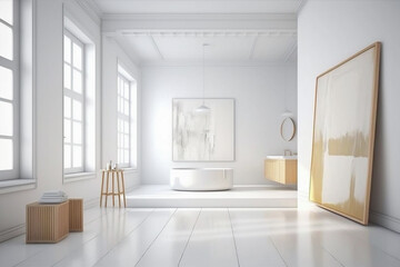 bath room, large blank frame, light wood frame, white minimal style inside studio, white walls, overexposed, interior design idea - Generative AI