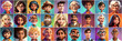 © Esi - Set of avatars of happy people of different races and ages. Portraits of men and women and children. Human Emotions. Illustration in cartoon style, - Post-processed Generative AI