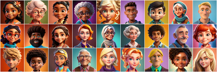 Set of avatars of happy people of different races and ages. Portraits of men and women and children. Human Emotions. Illustration in cartoon style, - Post-processed Generative AI