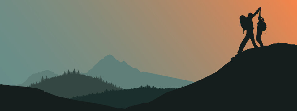 Fototapete - Silhouette of hikers couple mountains forest woods in the morning, landscape panorama illustration icon vector for logo, hiking adventure travel sucess